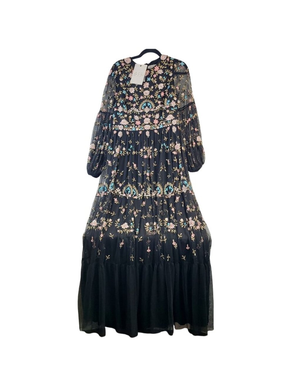 NEW Mac Duggal Black Embroidered Floral Long Sleeve Maxi Dress Womens Size 10